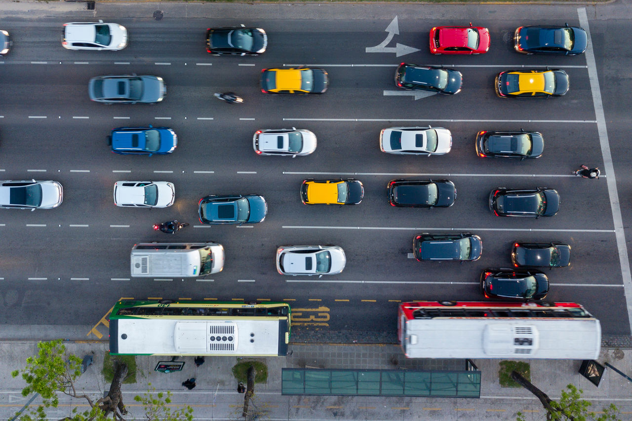Dense Traffic at Rush Hour in Libertador Avenue, Buenos Aires, Argentina - Aerial  Top View. 