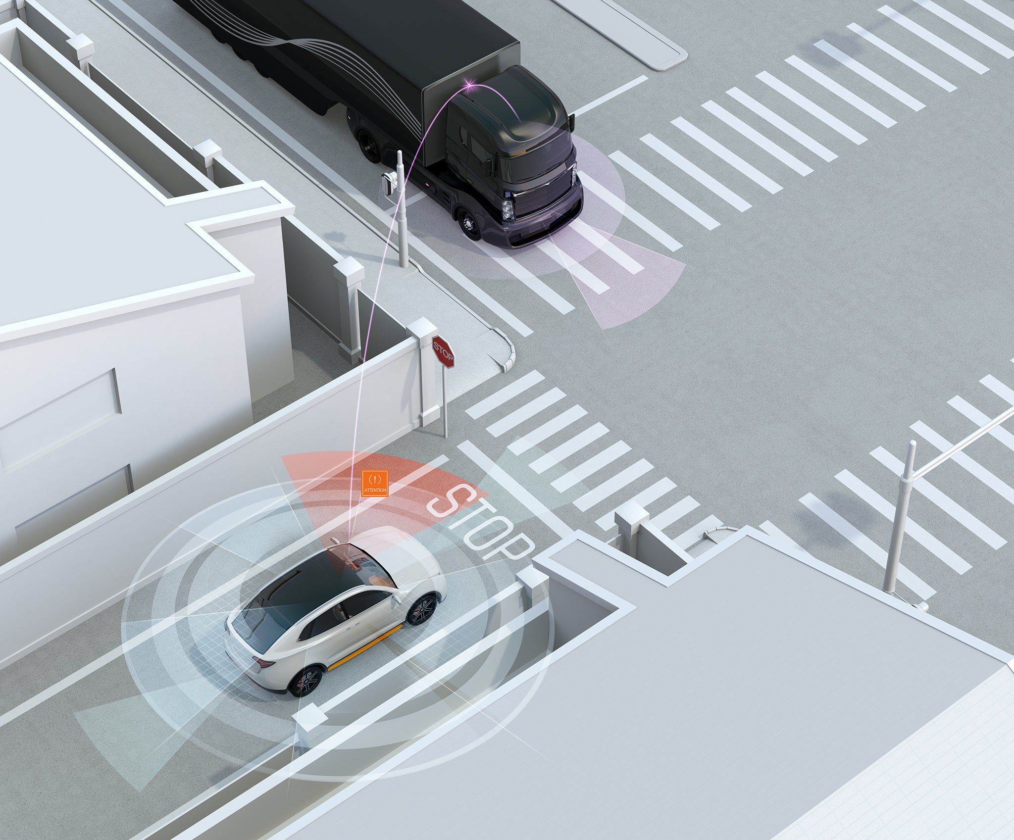 Safety White SUV in one-way street detected vehicle in the blind spot. Connected car concept. 3D rendering image.