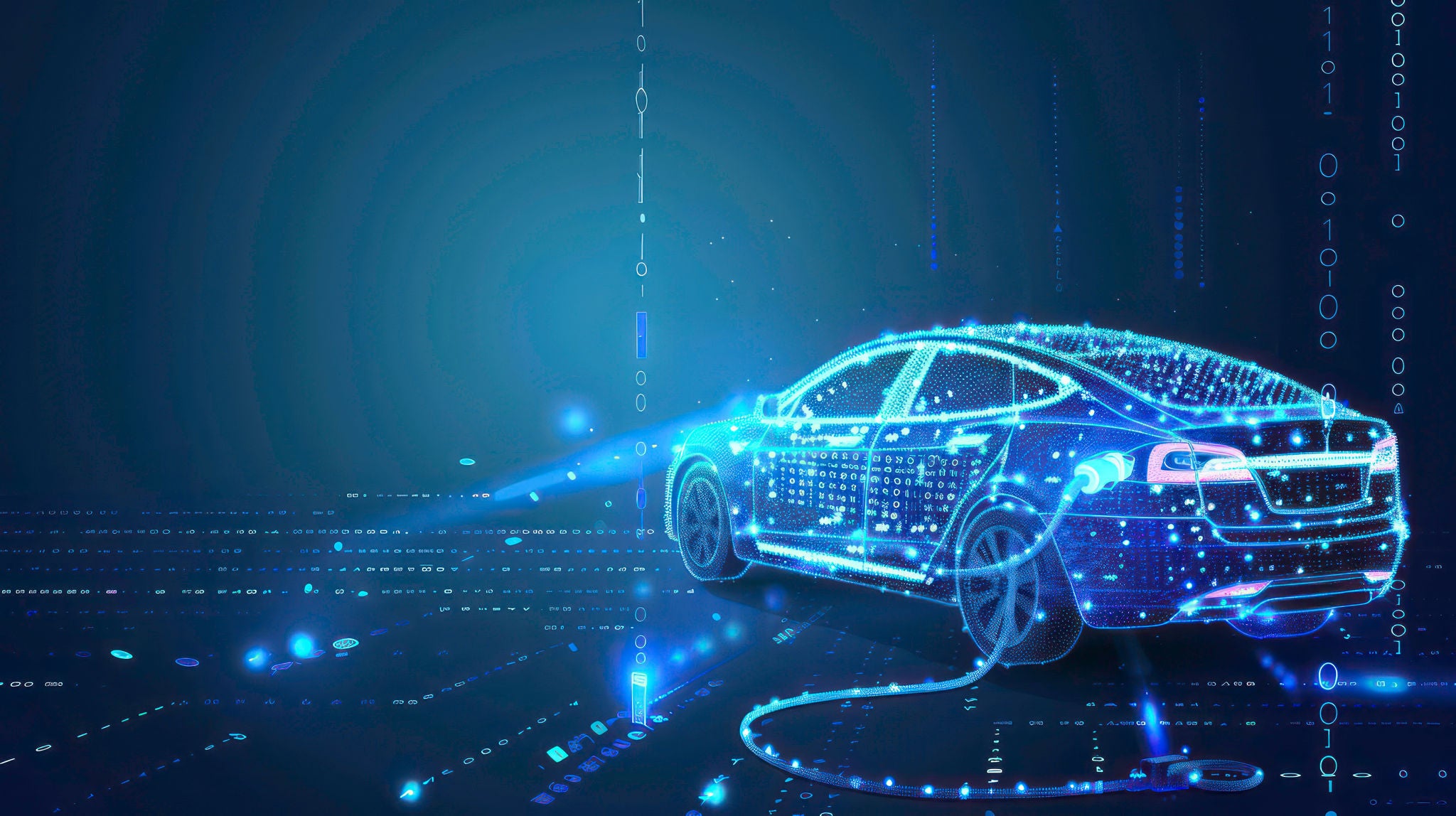 Future EV car electric plug and battery charger blue abstract digital binary code background. Alternative and sustainable energy concept. New futuristic system technology symbol. Smart Car