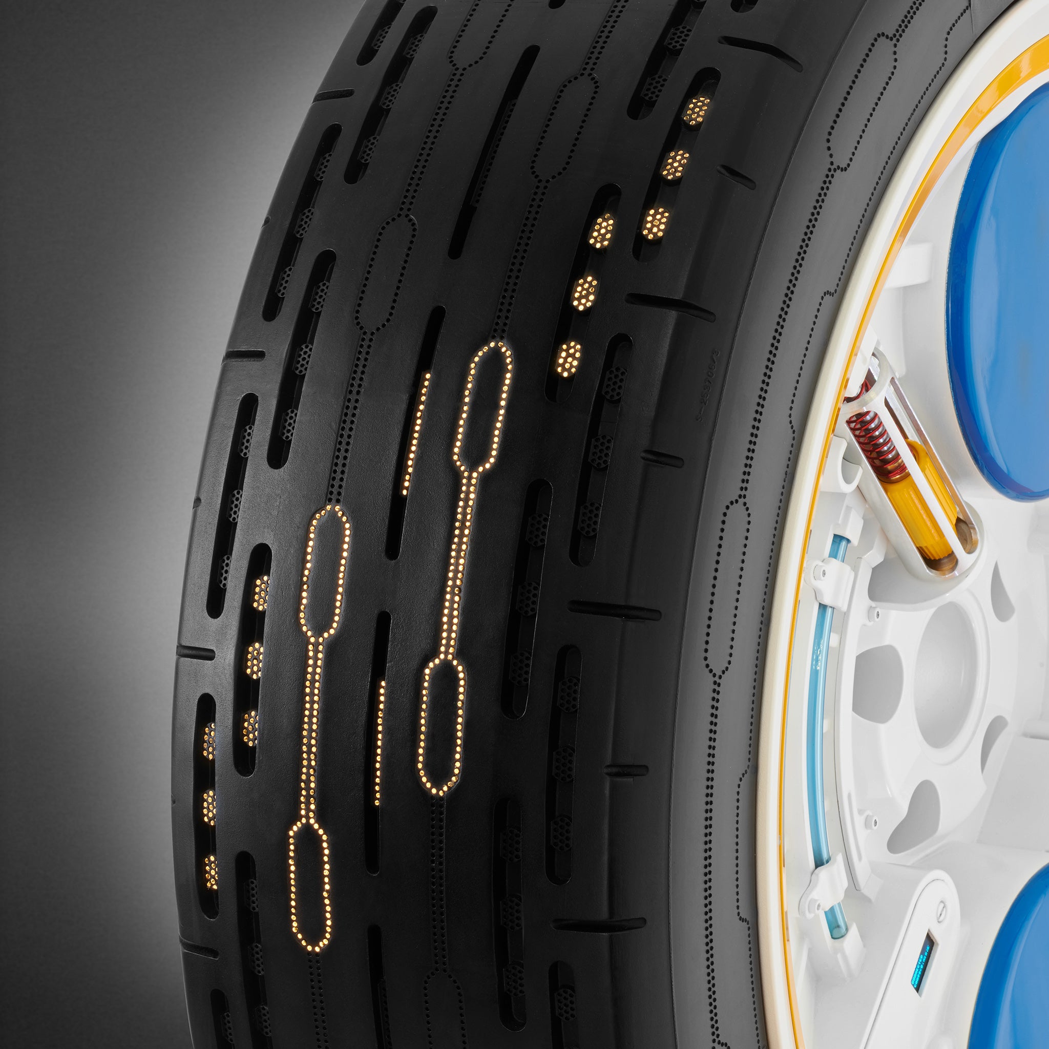 Intelligent Tires Concept Tire Close Sensors of the concept tire measure temperature, tread depth and pressure of the tire.