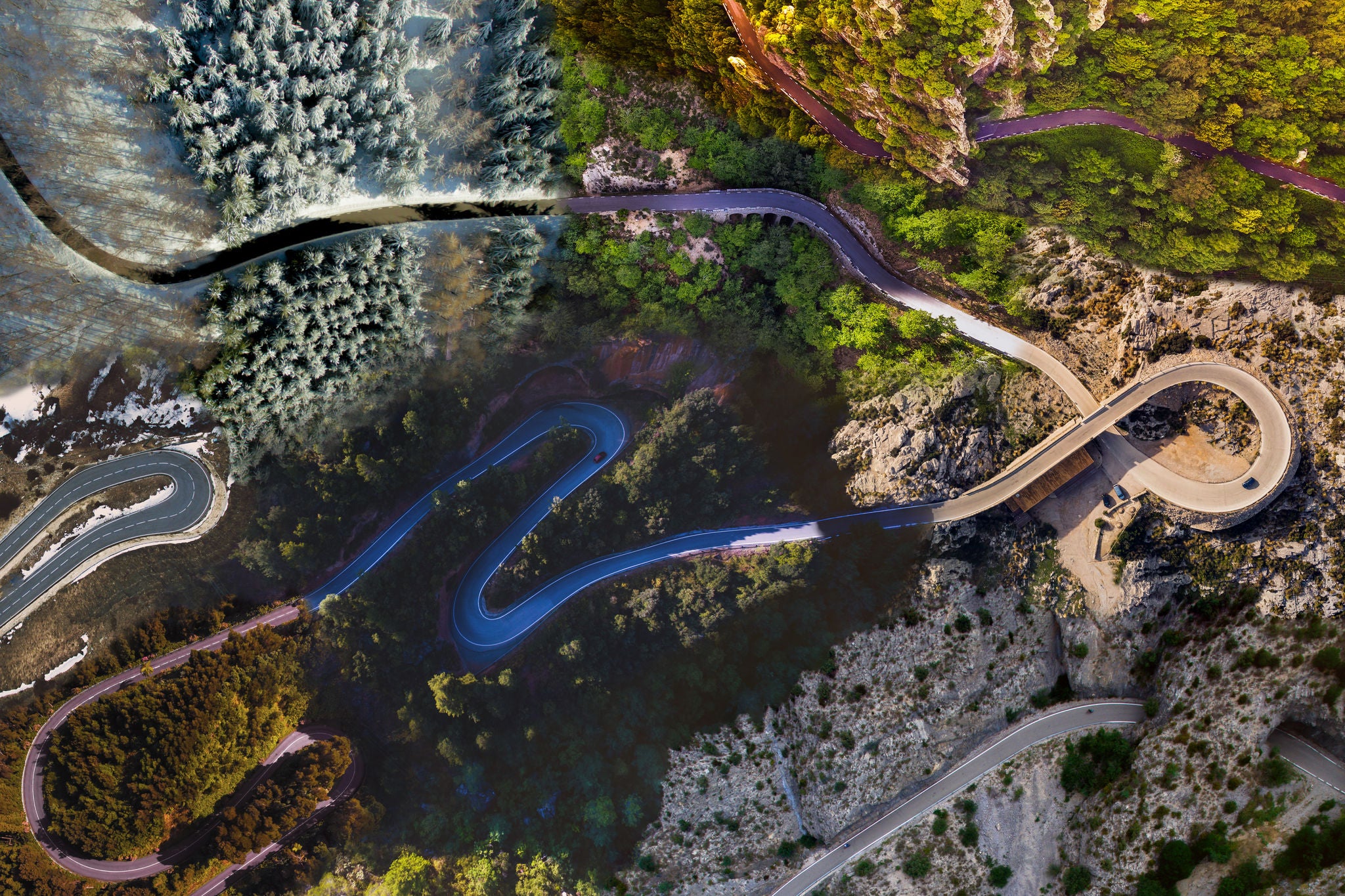 ASC2 LP Collage with different roads following the same circuit in different landscape and weather conditions.
