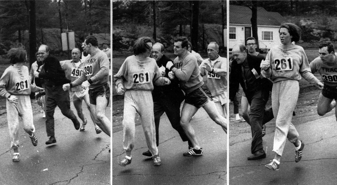Women who run Iconic image of Kathrine Switzer being chased down by Jock Semple at the 1967 Boston Marathon