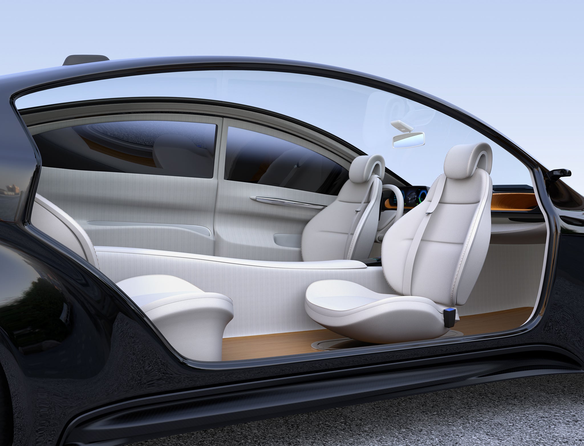 Autonomous driving Autonomous car interior concept. Front seats turned around and passengers can relaxing or working when they driving. 3D rendering image.