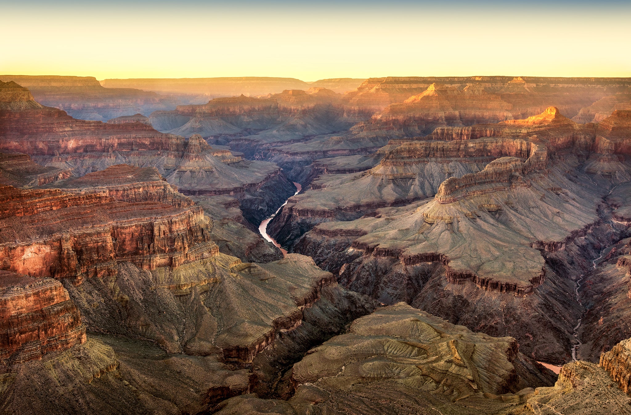 River in canyon Sunset in Grand Canyon National Park from Pima Point view point. Arizona. USA
