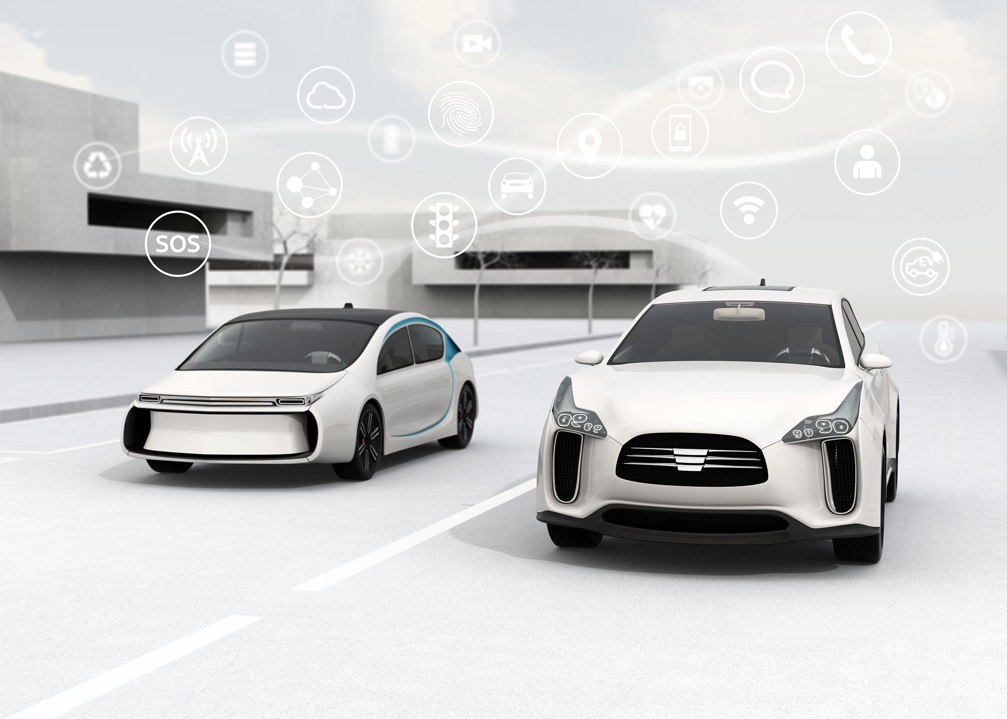 Digitalization Connected cars and autonomous cars concept. 3D rendering image.
