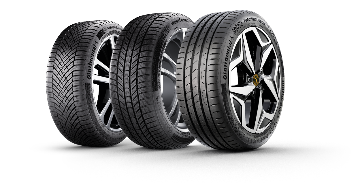 Tre pneumatici Continental uno accanto all'altro: AllSeasonContact 2, WinterContact TS 870 e PremiumContact 7.